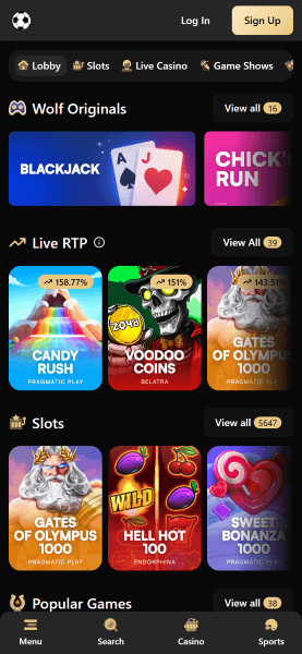 page d'accueil du casino wolf.io